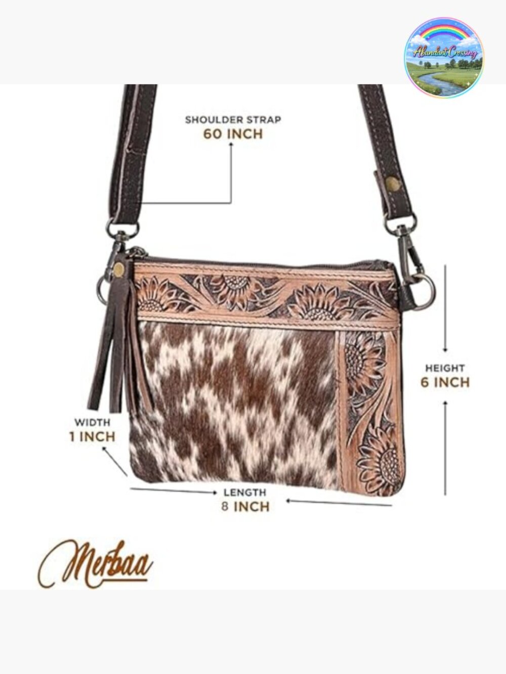 Natural Cowhide Leather Shoulder Bag Crossbody with Adjustable Strap - Picture 3 of 7